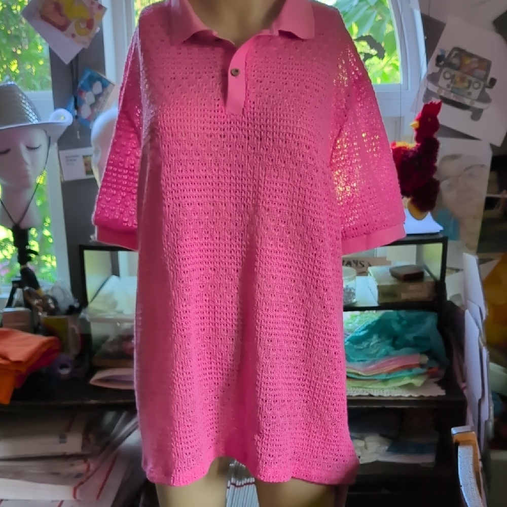Pink Crochet Knit Polo Top * Wdirara * XXL * Unisex Top * New w/ Tags * PINK 🩷